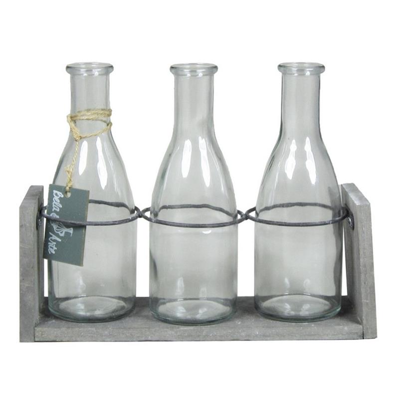 Decoratieplateau m/3x fles 25x8x20cm grijs