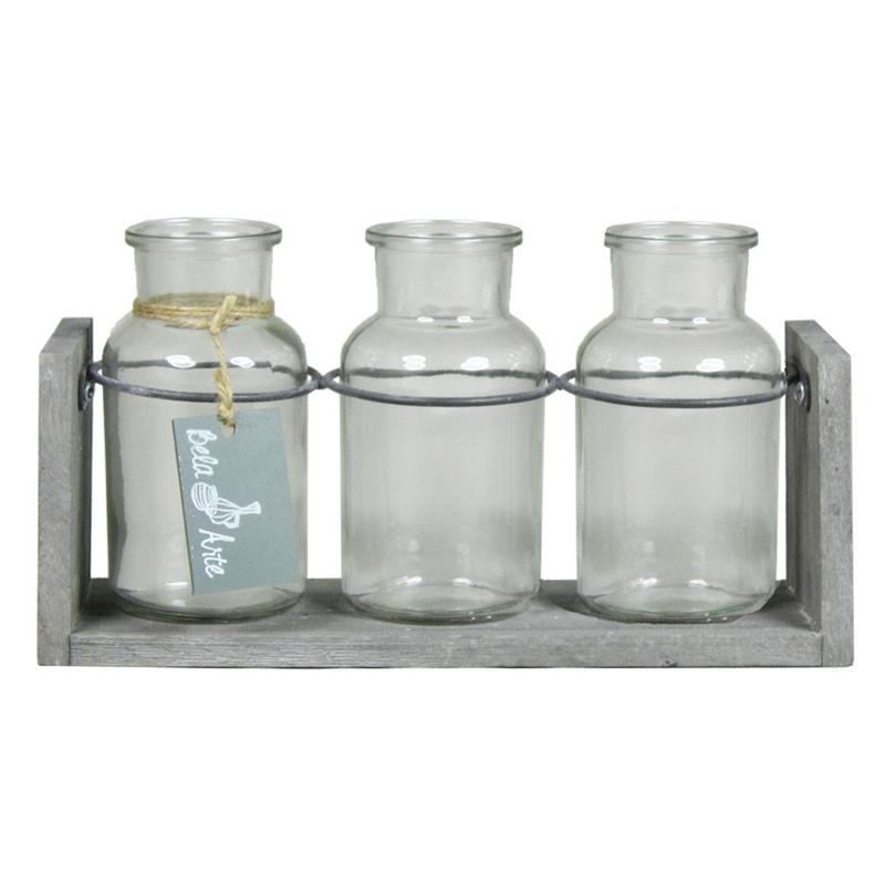 Decoración de madera 25x8x13cm gris 3x botellita