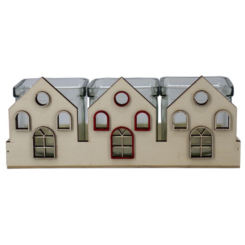 Rechthoek Hout huizen 23.9x9x9.5cm 3x glas
