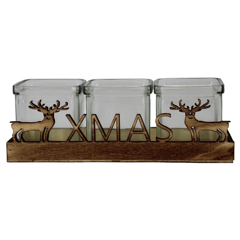 Rechthoek Hout hert xmas 24.5x9x6.8cm 3x glas