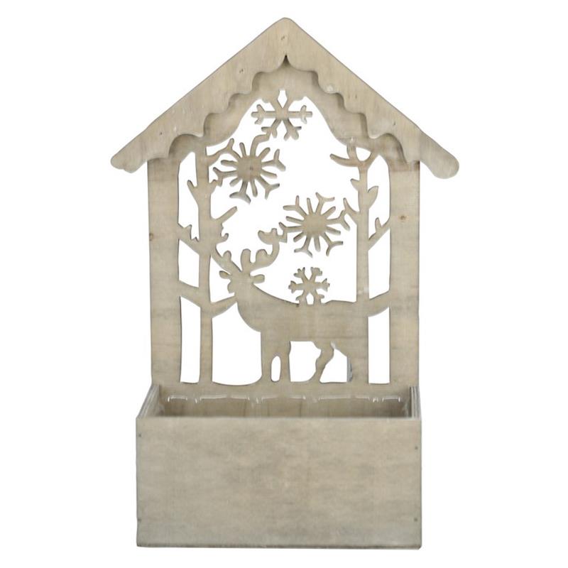 Rechthoek Hout met hert en sneeuwvlokken 17x9.5x31cm
