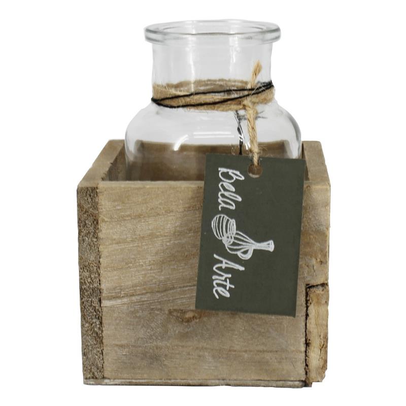 Decoratiebak vierkant hout m/fles d9 h13cm