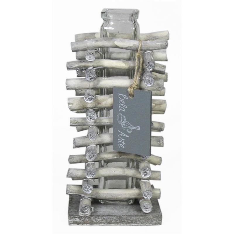 Bandeja de madera con ramas 1x botellita d8.5x8.5 a17cm