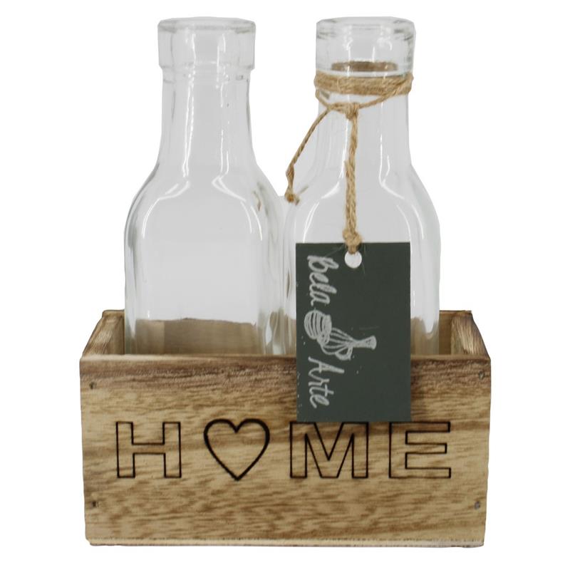 Decoratiebak Home m/2x fles 6.7x12.5x15.5cm