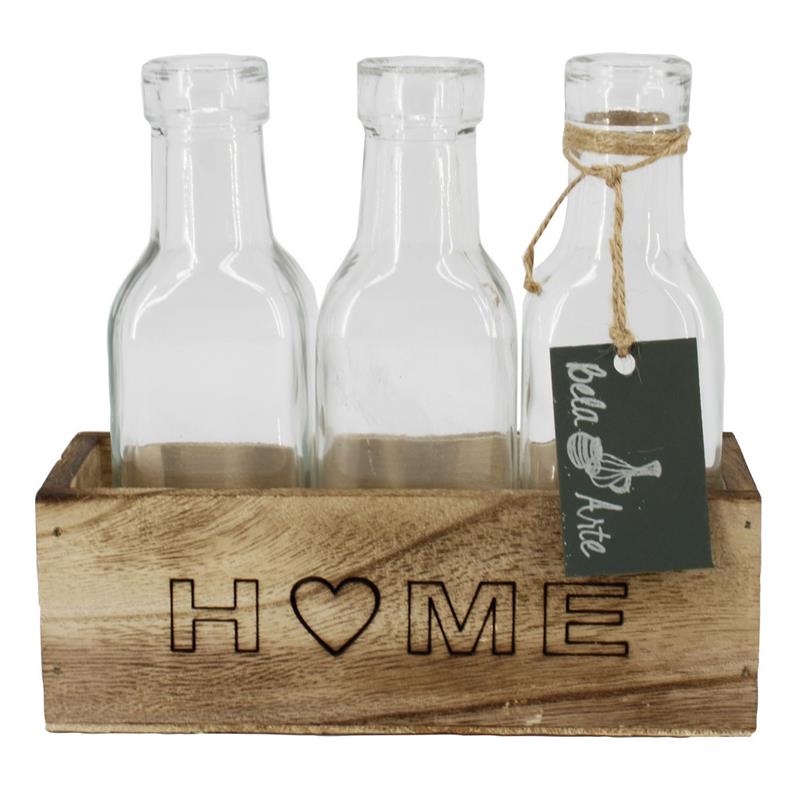 Decoratiebak Home m/3x fles 6.7x17.3x15.5cm