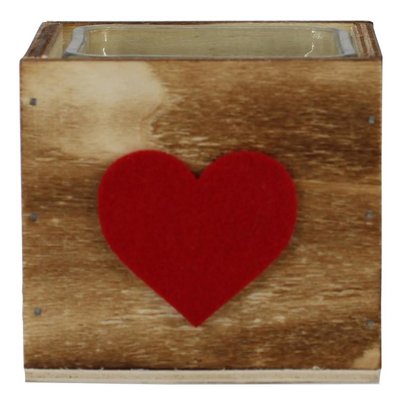 Vierkant Hout met rood hart 9x9x8cm 1x glas