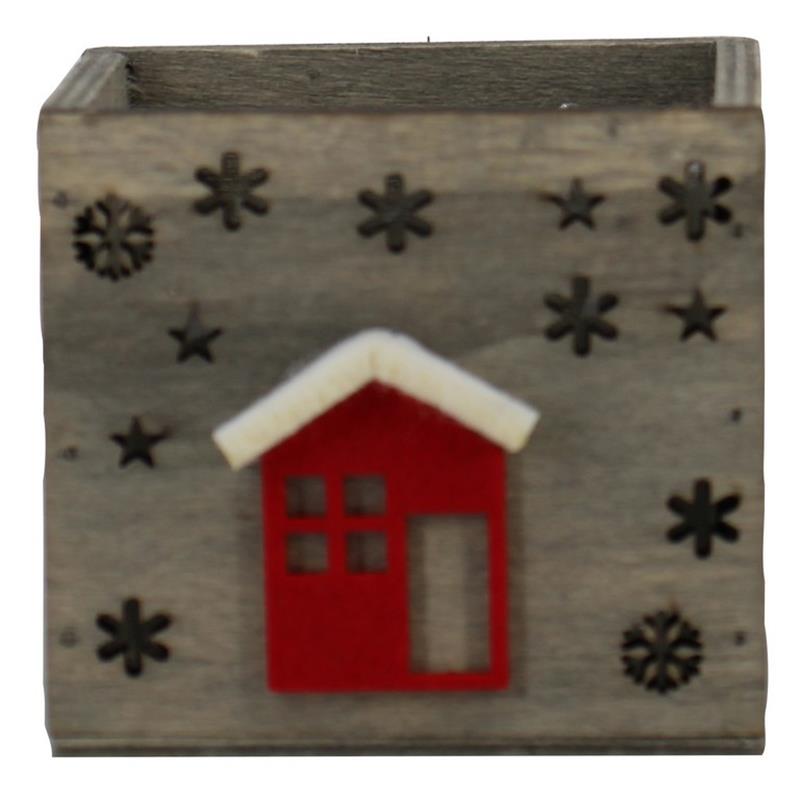 Vierkant Hout sterrenhuis rood wit 9x9x8cm