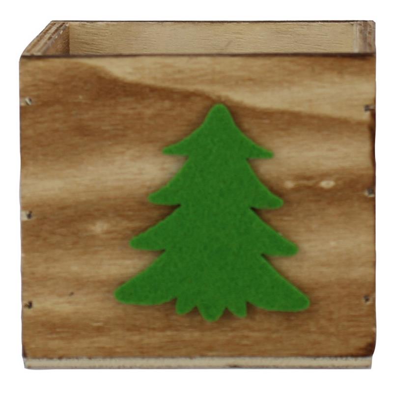 Vierkant Hout met groene spar 9x9x8cm
