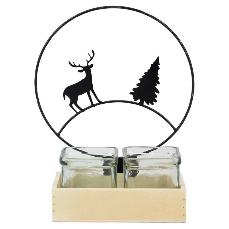 Decoración madera/metál ciervo/abeto 2x vaso 17x9.5x8.5cm