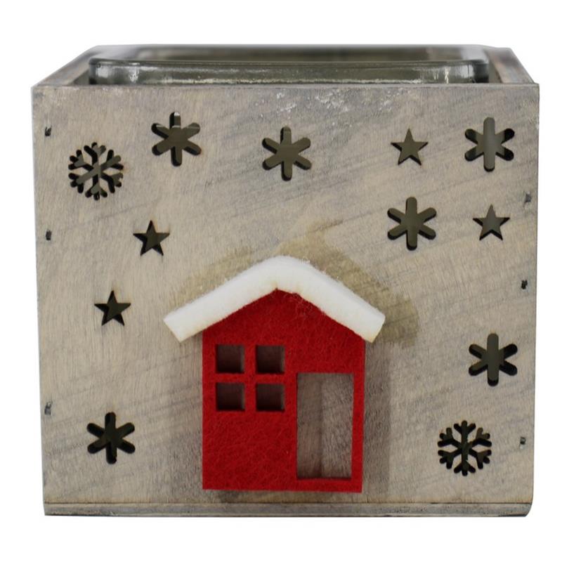 Decoración madera casa/estrella 1x vaso 9x9x8cm