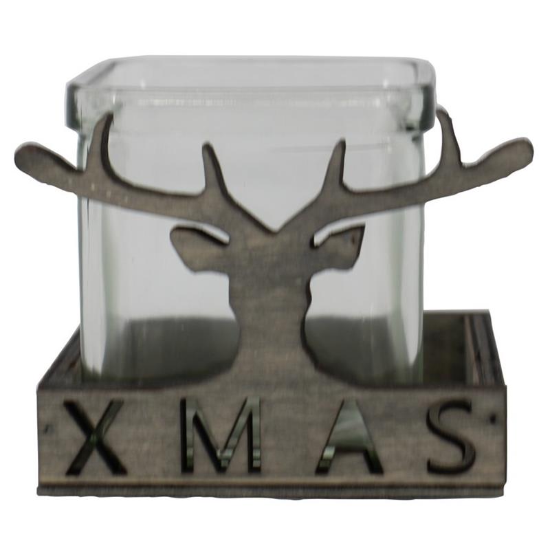 Décoration bois Xmas/cerf 1x verre 9.5x9x7.8cm