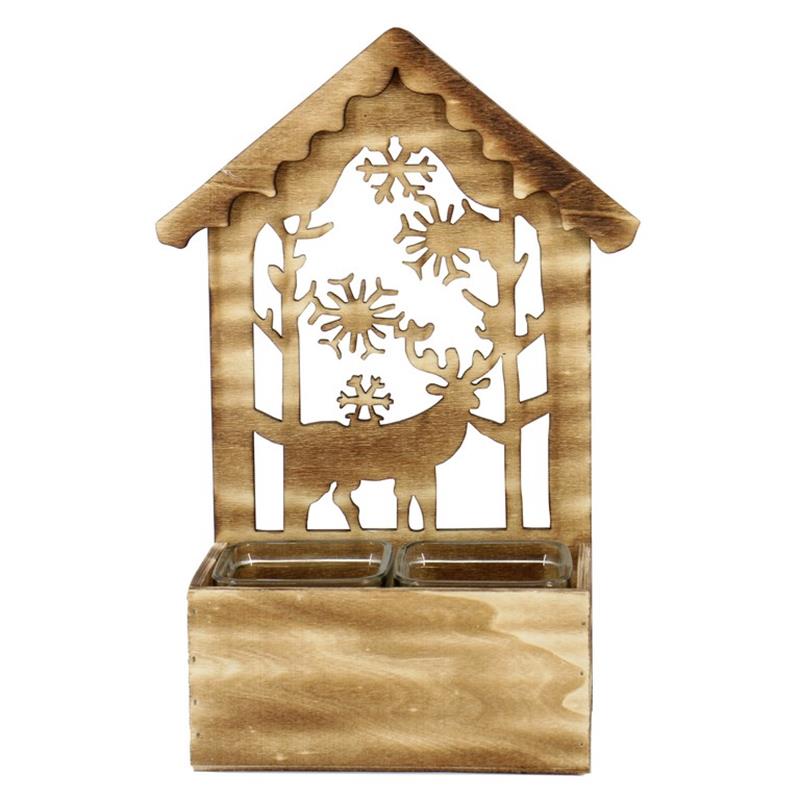 Décoration bois bbq cerf/neige 2x verre 17x9.5x31cm