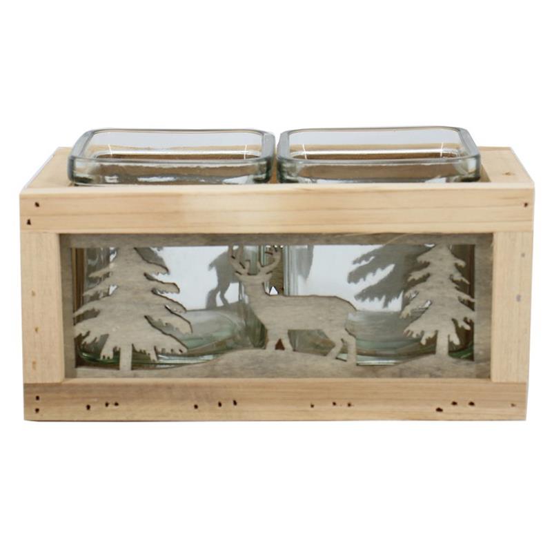 Décoration bois cerf/sapin 2x verre 18.5x10.5x8.5/9cm