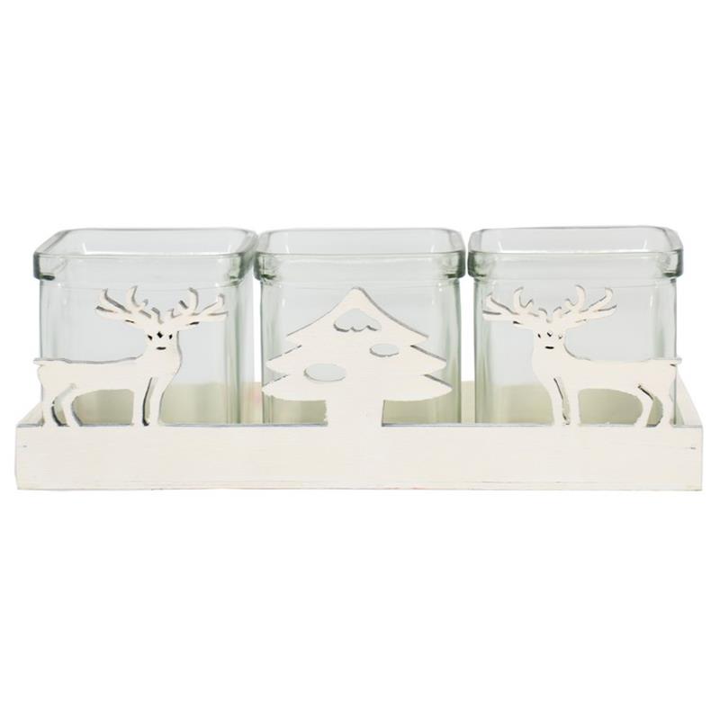 Décoration bois rouge Xmas/cerf 3x verre 24.5x9x6.8cm