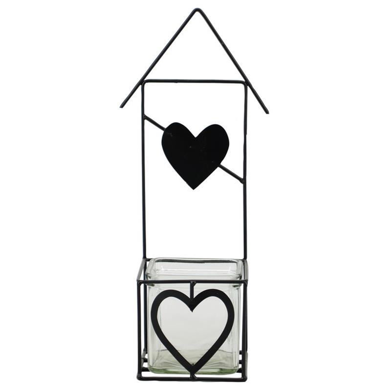 Décoration coeur 1x verre 8.5x8.5x8/28cm métal noir