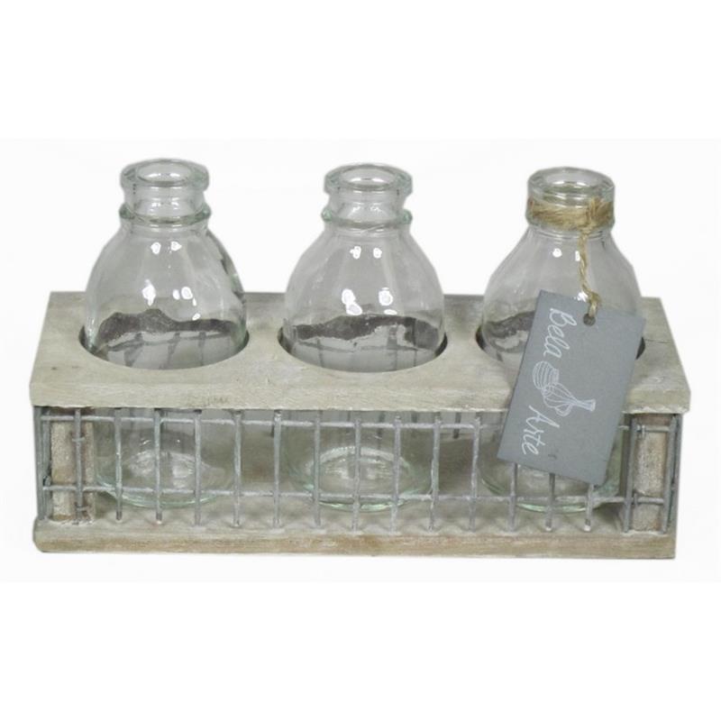 Decoratiebak hout m/ijzer m/3x fles 8x21x11cm