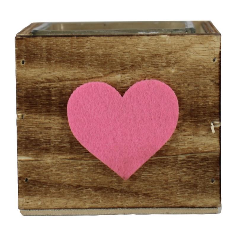 Decoratiebak hart roze 1x glas 9x9x8cm hout