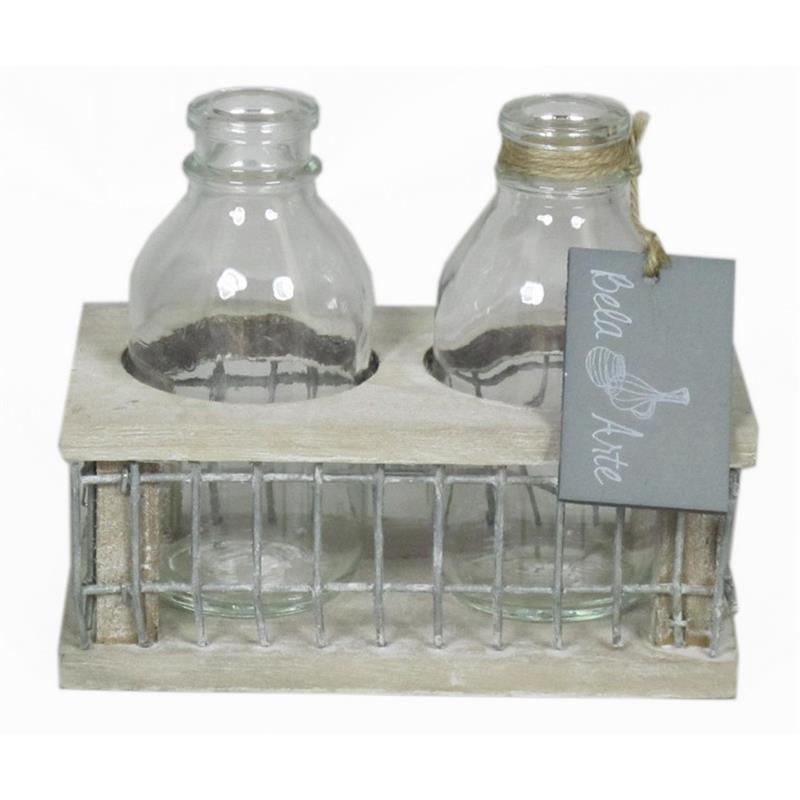 Décoration bois avec fer carré d14.5x8 h11cm  2x bouteille