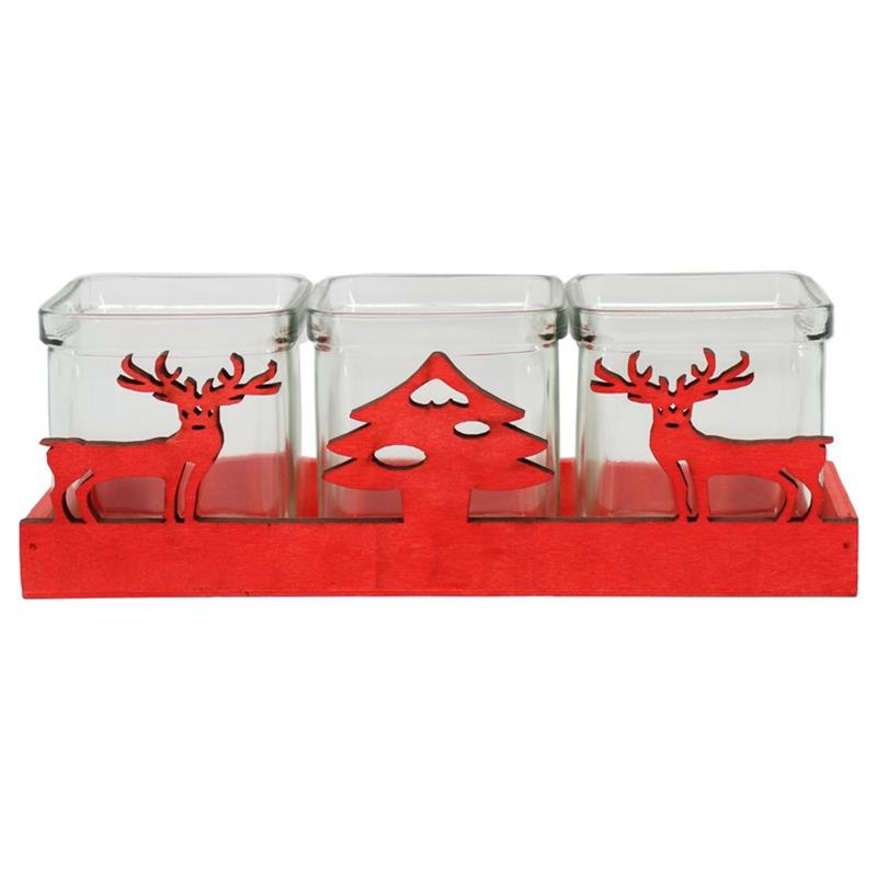 Dekoration Xmas/Reh 3x Glas 24.5x9x6.8cm weiss Holz
