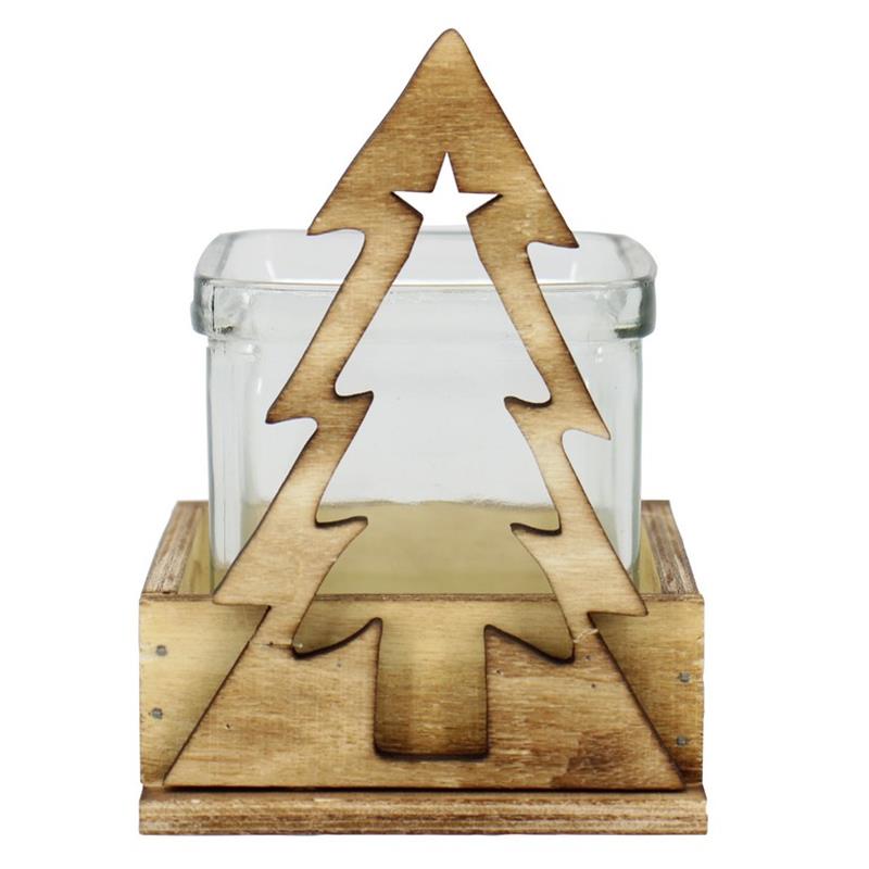 Dekoration Tanne 1x Glas d9/10 h8.5/12.5cm Holz bbq