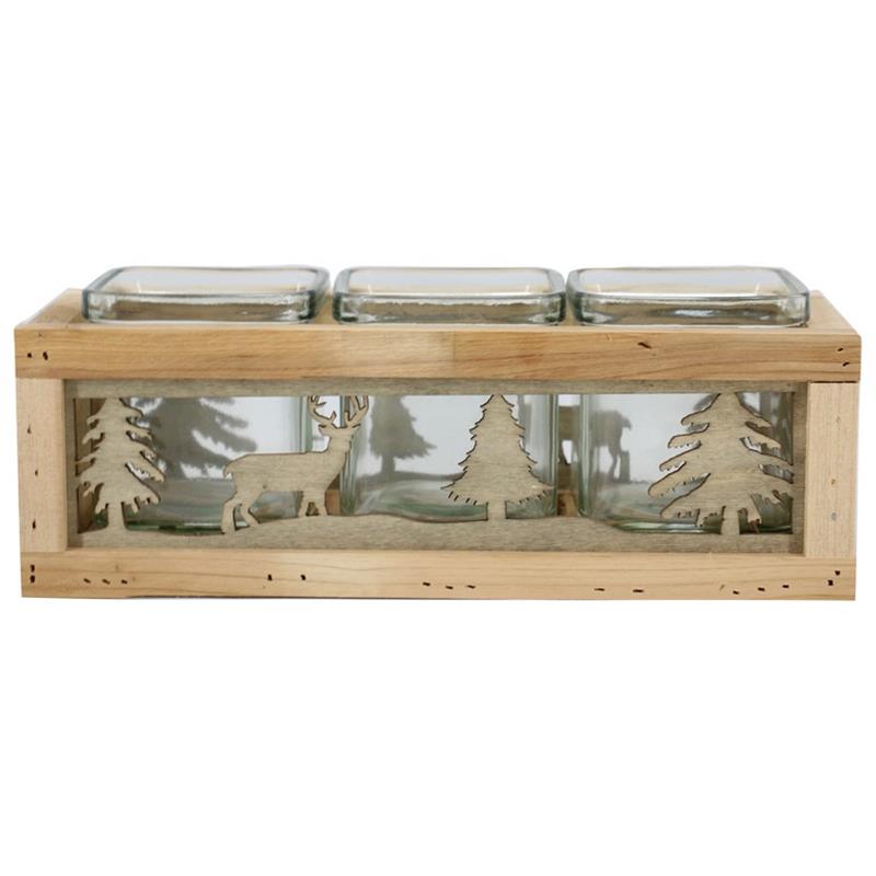 Dekoration Reh/Tanne 3x Glas 26.5x10.5x8.5/9cm Holz