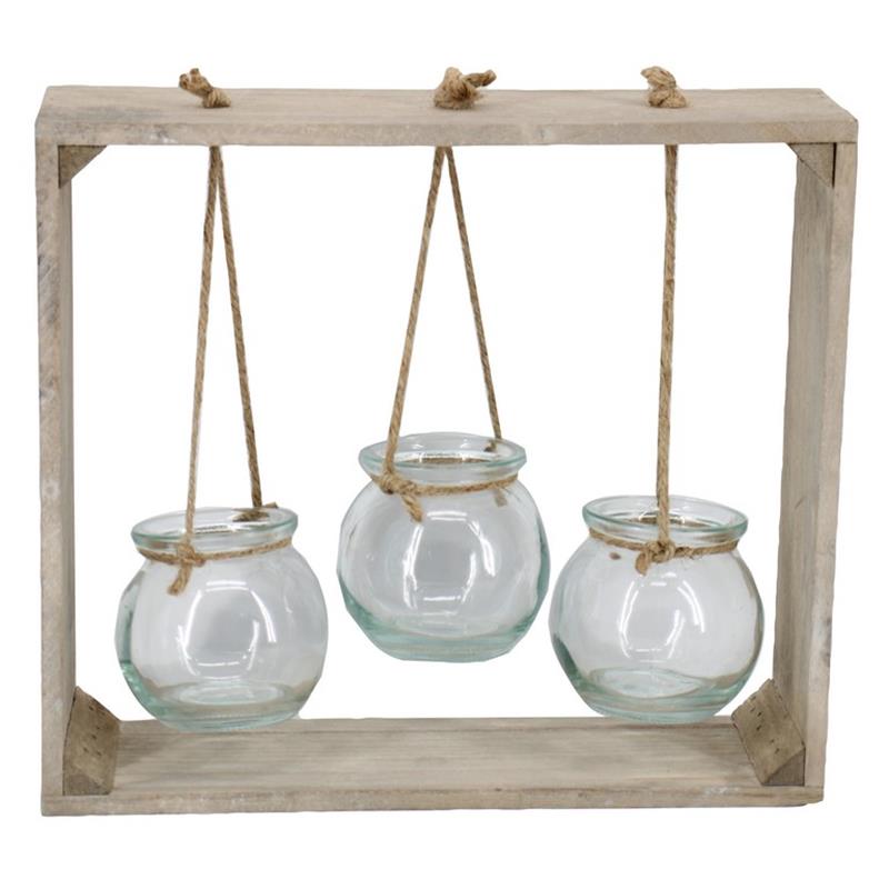 Dekoration Gestell Pflanzkübel 3x Glas 28x8x25cm Holz