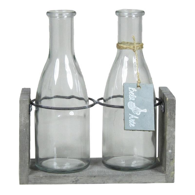 Decoratieplateau m/2x fles 18x8x20cm grijs